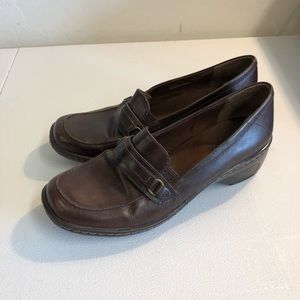Clark’s Women’s Brown Leather Buckle Wedge Size 8